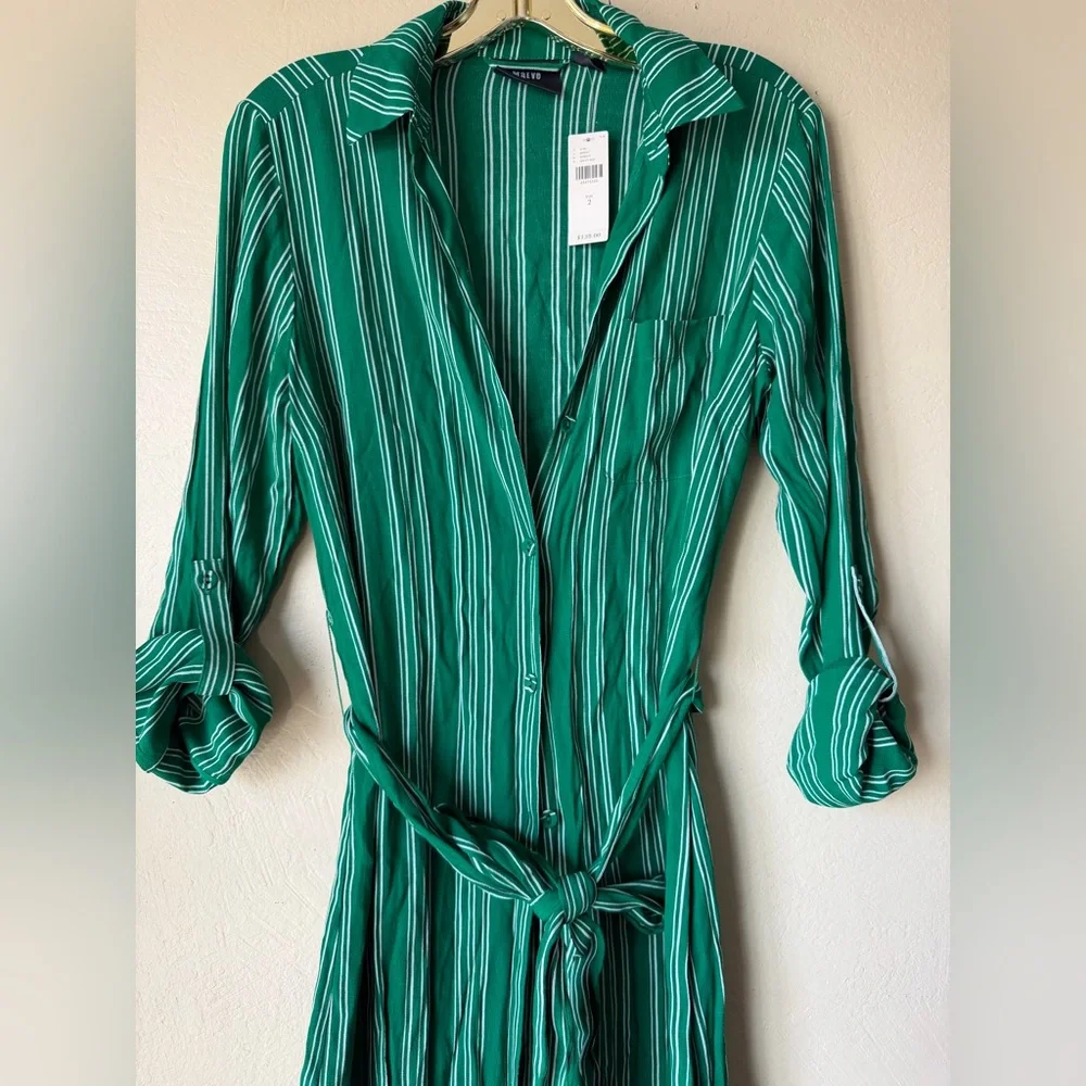Maeve Anthropologie shirt dress green stripe button down belted size 2 nwt - Picture 4 of 7